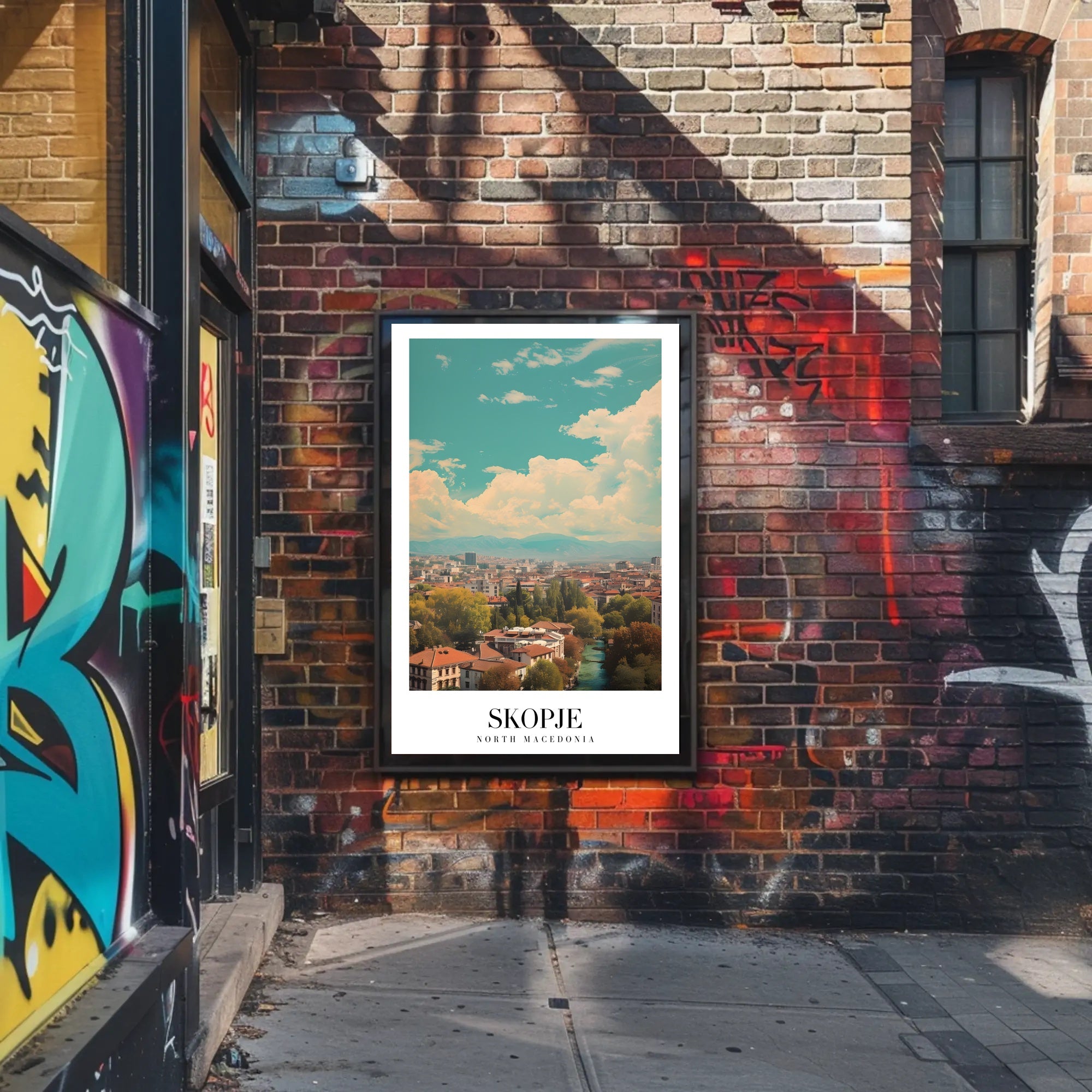 Scenic Skopje Cityscape with River and Mountains Urban Poster PosterGoat