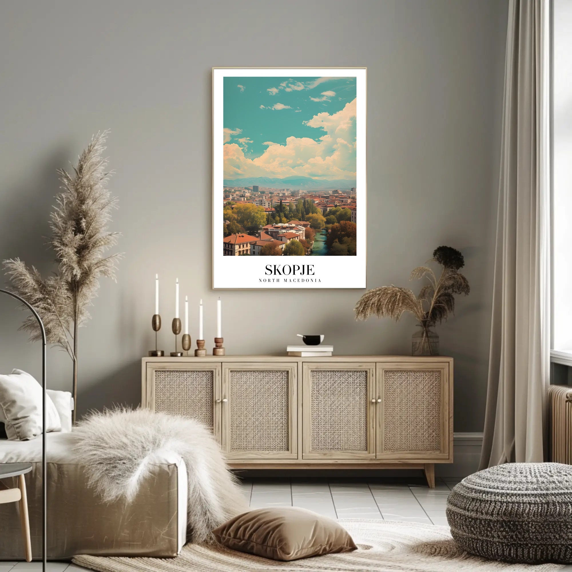 Scenic Skopje Cityscape with River and Mountains Urban Poster PosterGoat