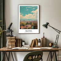 Scenic Skopje Cityscape with River and Mountains Urban Poster PosterGoat
