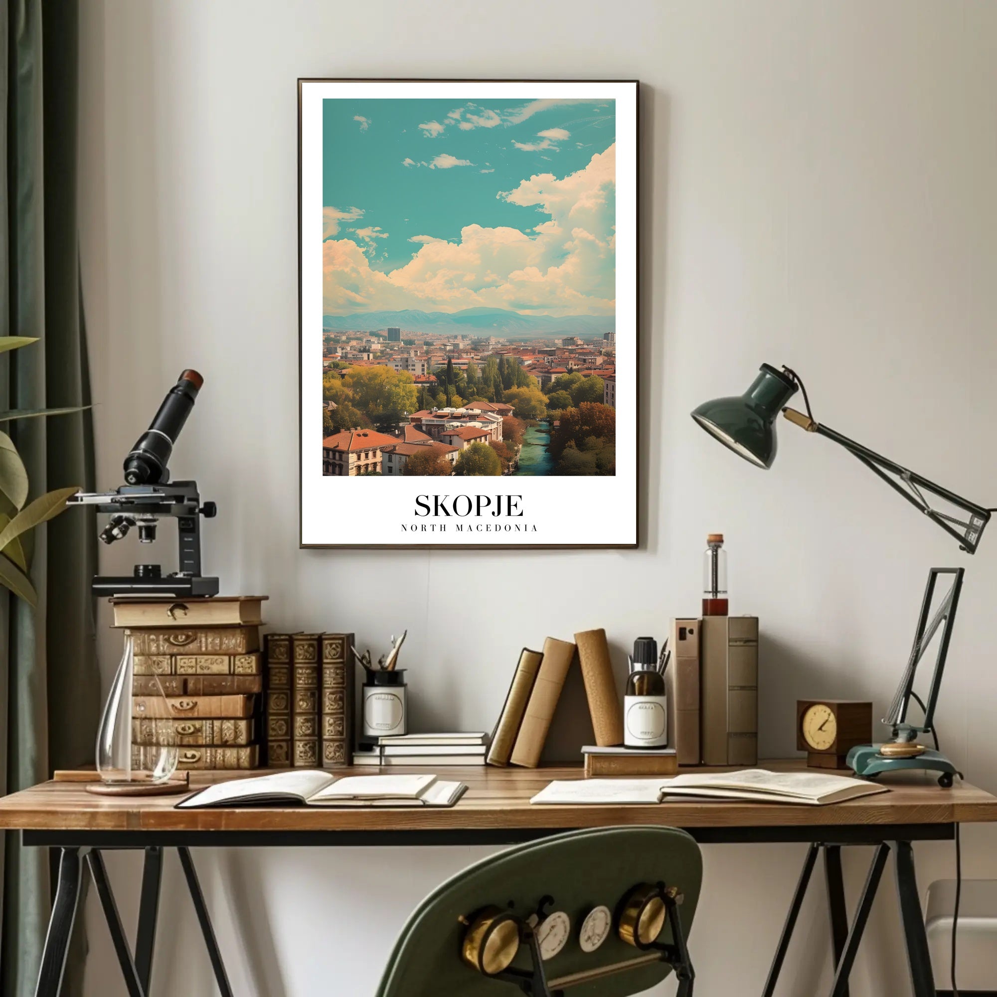 Scenic Skopje Cityscape with River and Mountains Urban Poster PosterGoat