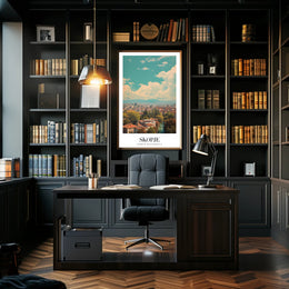 Scenic Skopje Cityscape with River and Mountains Urban Poster PosterGoat
