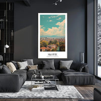 Scenic Skopje Cityscape with River and Mountains Urban Poster PosterGoat