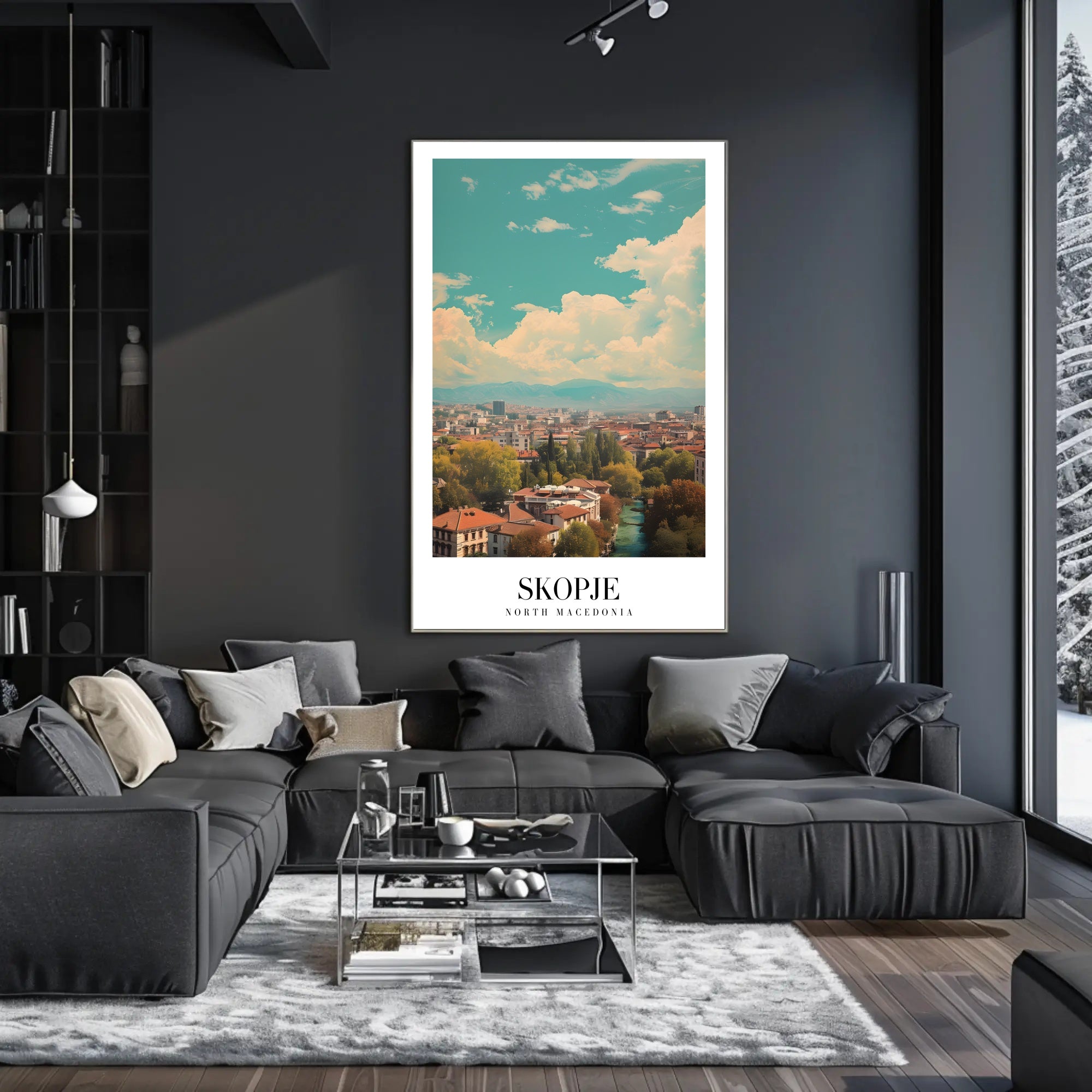 Scenic Skopje Cityscape with River and Mountains Urban Poster PosterGoat