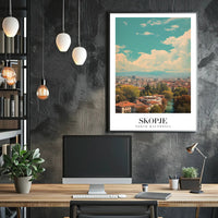 Scenic Skopje Cityscape with River and Mountains Urban Poster PosterGoat