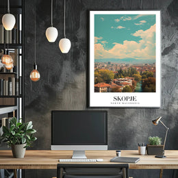 Scenic Skopje Cityscape with River and Mountains Urban Poster PosterGoat