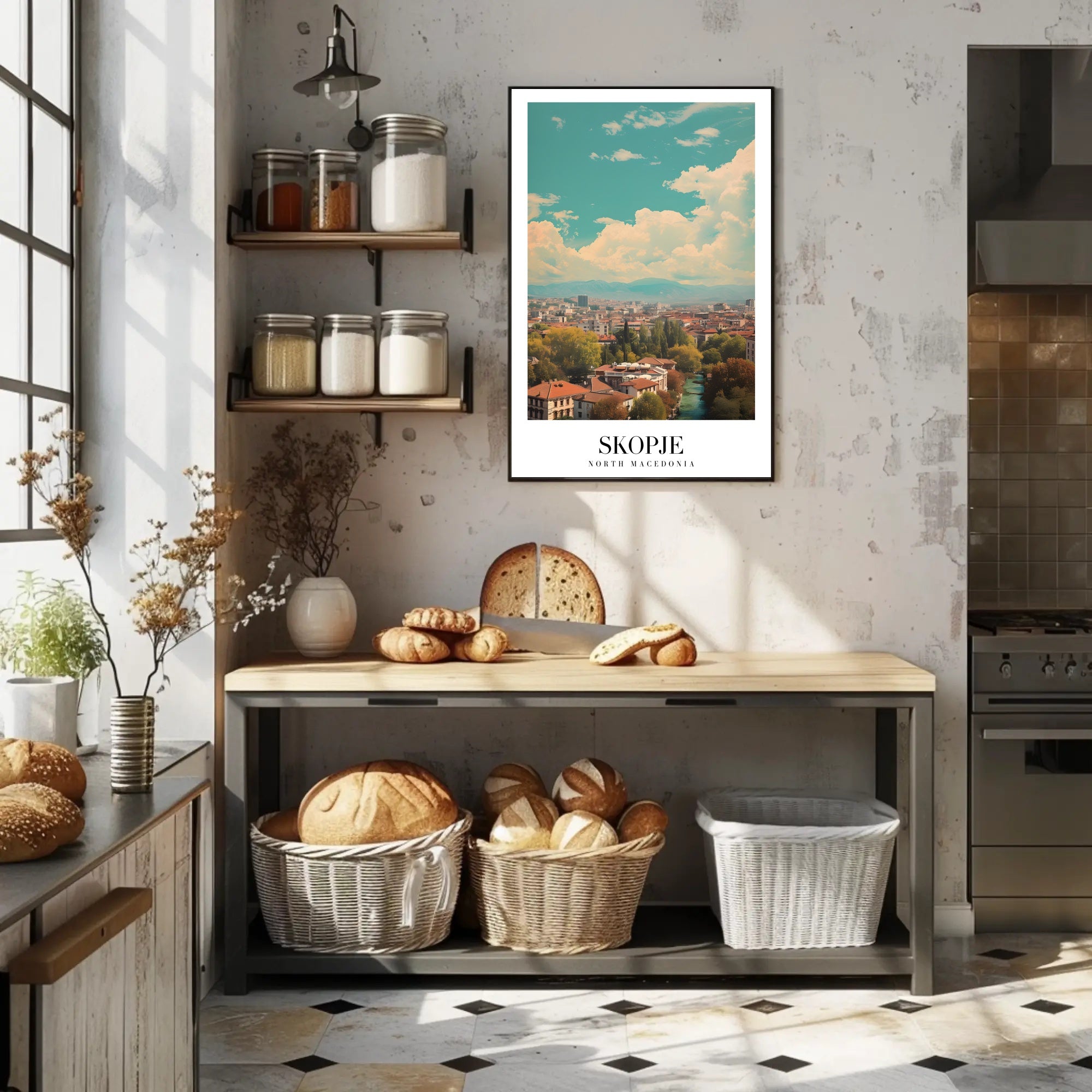 Scenic Skopje Cityscape with River and Mountains Urban Poster PosterGoat
