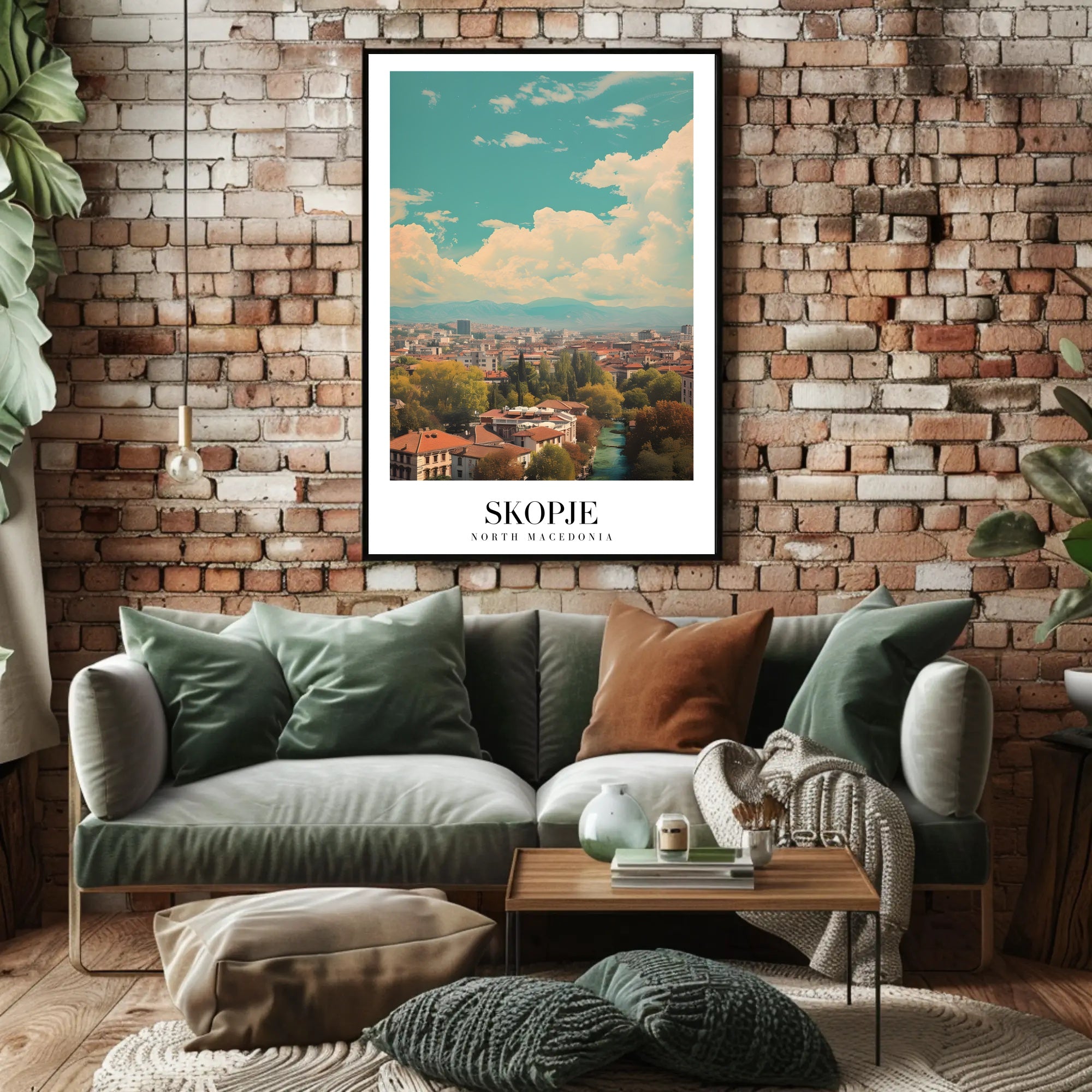 Scenic Skopje Cityscape with River and Mountains Urban Poster PosterGoat