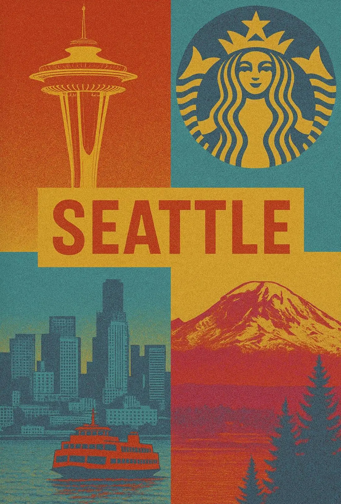 Seattle Skyline Retro 70s Celebration Travel Poster PosterGoat