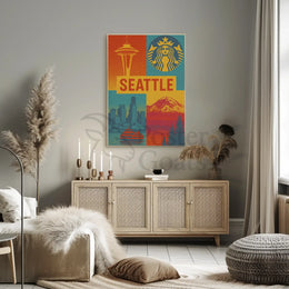 Seattle Skyline Retro 70s Celebration Travel Poster PosterGoat