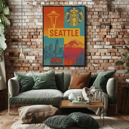 Seattle Skyline Retro 70s Celebration Travel Poster PosterGoat