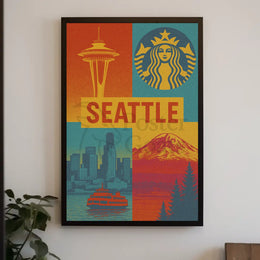 Seattle Skyline Retro 70s Celebration Travel Poster PosterGoat