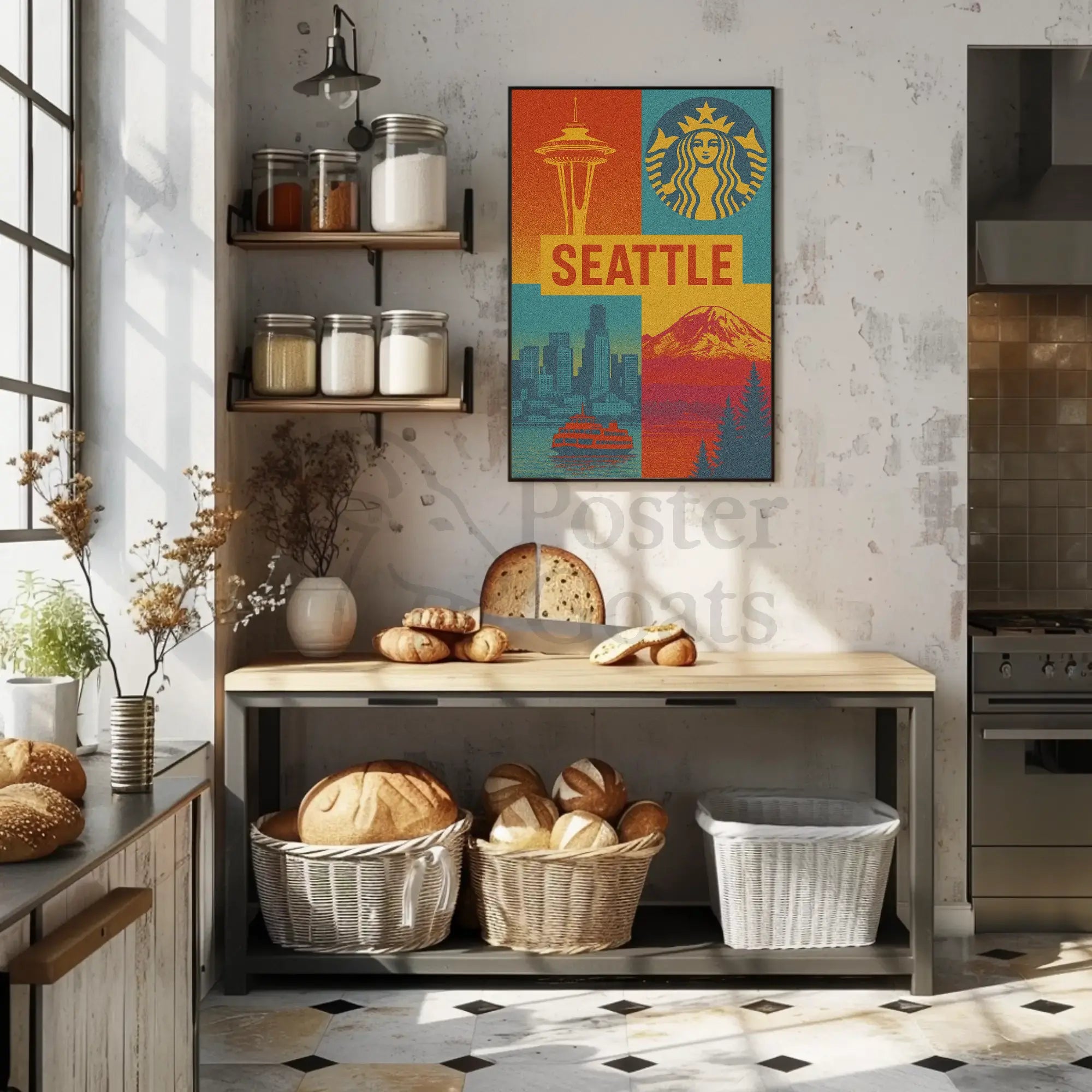 Seattle Skyline Retro 70s Celebration Travel Poster PosterGoat