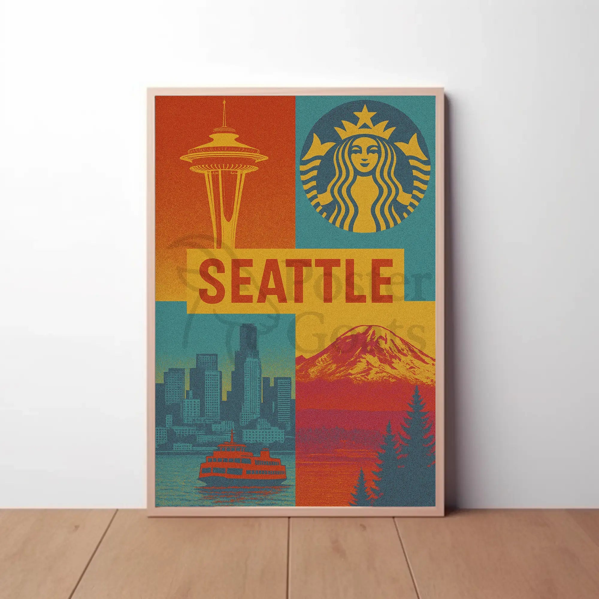 Seattle Skyline Retro 70s Celebration Travel Poster PosterGoat