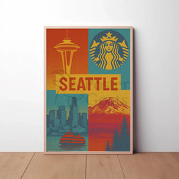 Seattle Skyline Retro 70s Celebration Travel Poster PosterGoat
