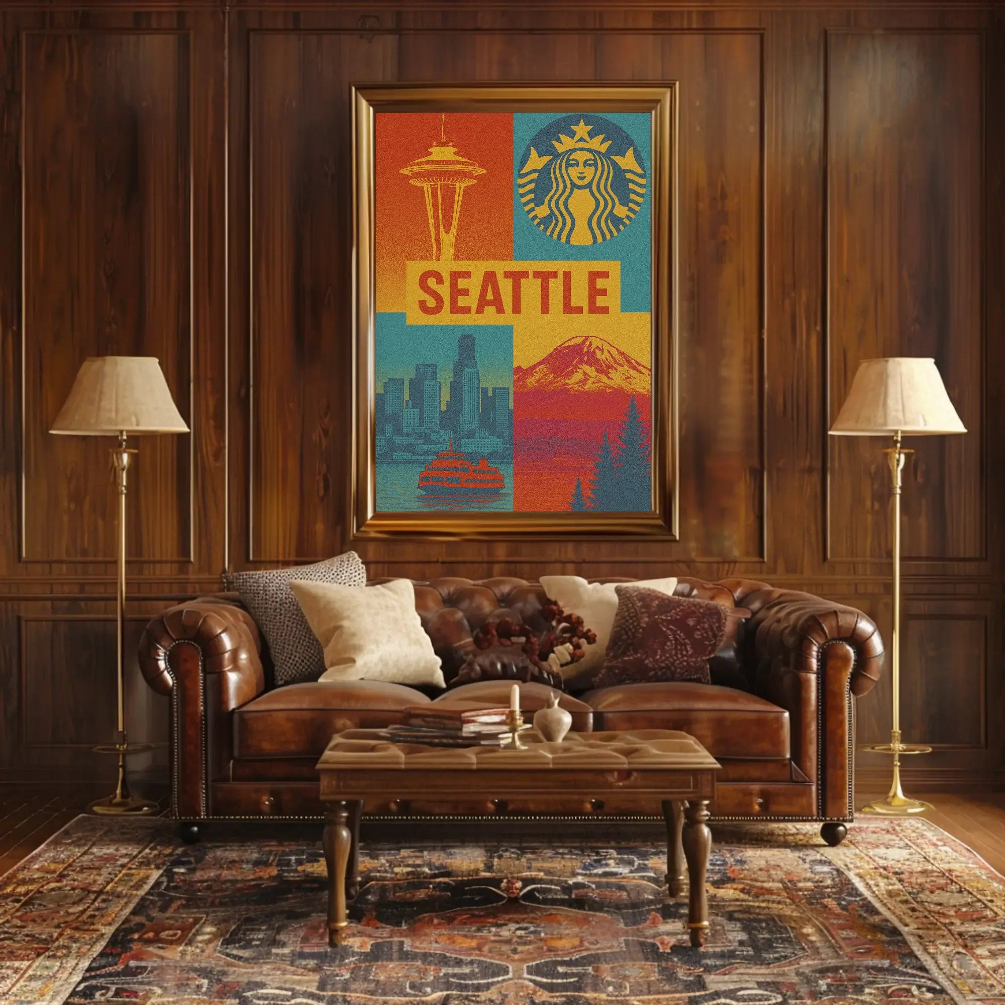 Seattle Skyline Retro 70s Celebration Travel Poster PosterGoat