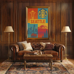 Seattle Skyline Retro 70s Celebration Travel Poster PosterGoat