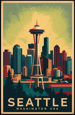 Seattle Skyline with Space Needle in Urban or Cityscape Poster PosterGoat