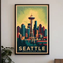 Seattle Skyline with Space Needle in Urban or Cityscape Poster PosterGoat