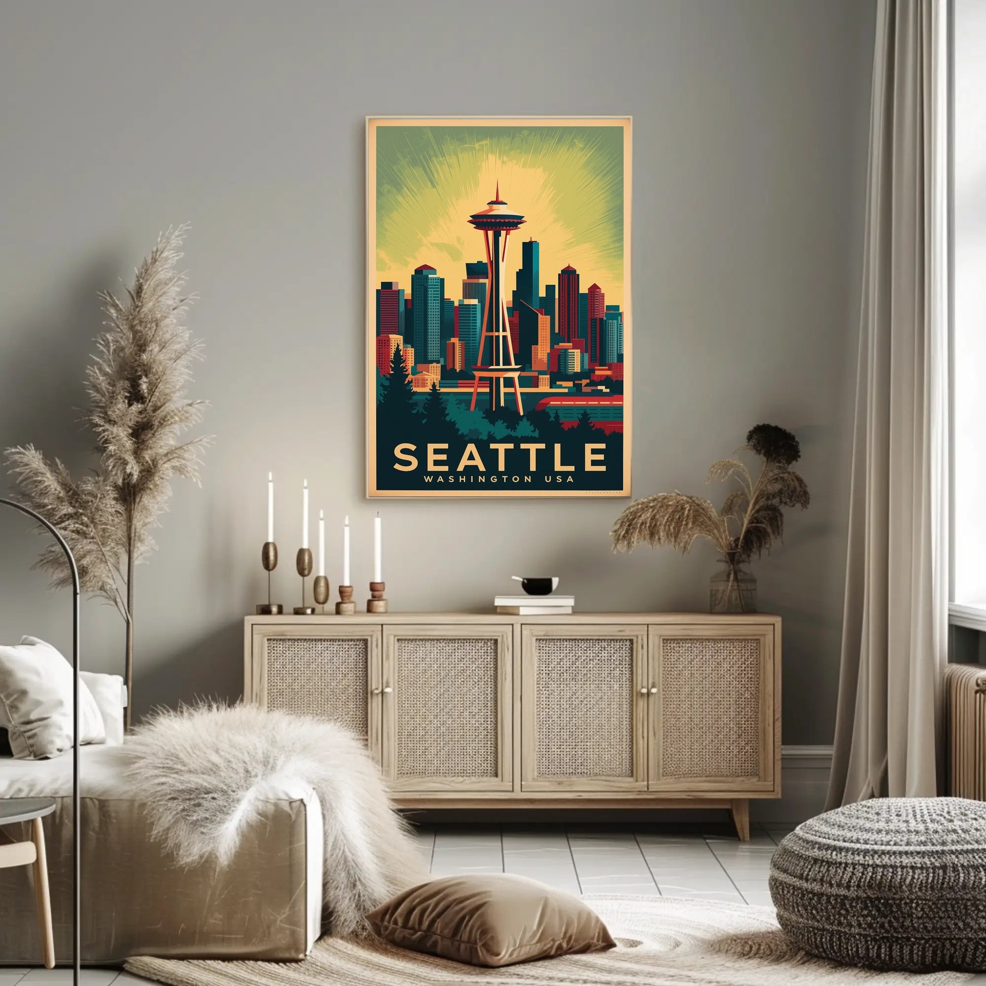 Seattle Skyline with Space Needle in Urban or Cityscape Poster PosterGoat
