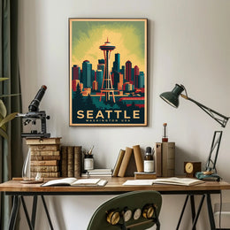 Seattle Skyline with Space Needle in Urban or Cityscape Poster PosterGoat