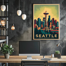 Seattle Skyline with Space Needle in Urban or Cityscape Poster PosterGoat