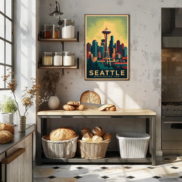 Seattle Skyline with Space Needle in Urban or Cityscape Poster PosterGoat