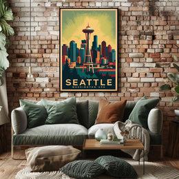 Seattle Skyline with Space Needle in Urban or Cityscape Poster PosterGoat