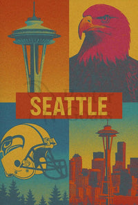 Seattle's Spirit: Iconic Landmarks in Pop Art Poster PosterGoat