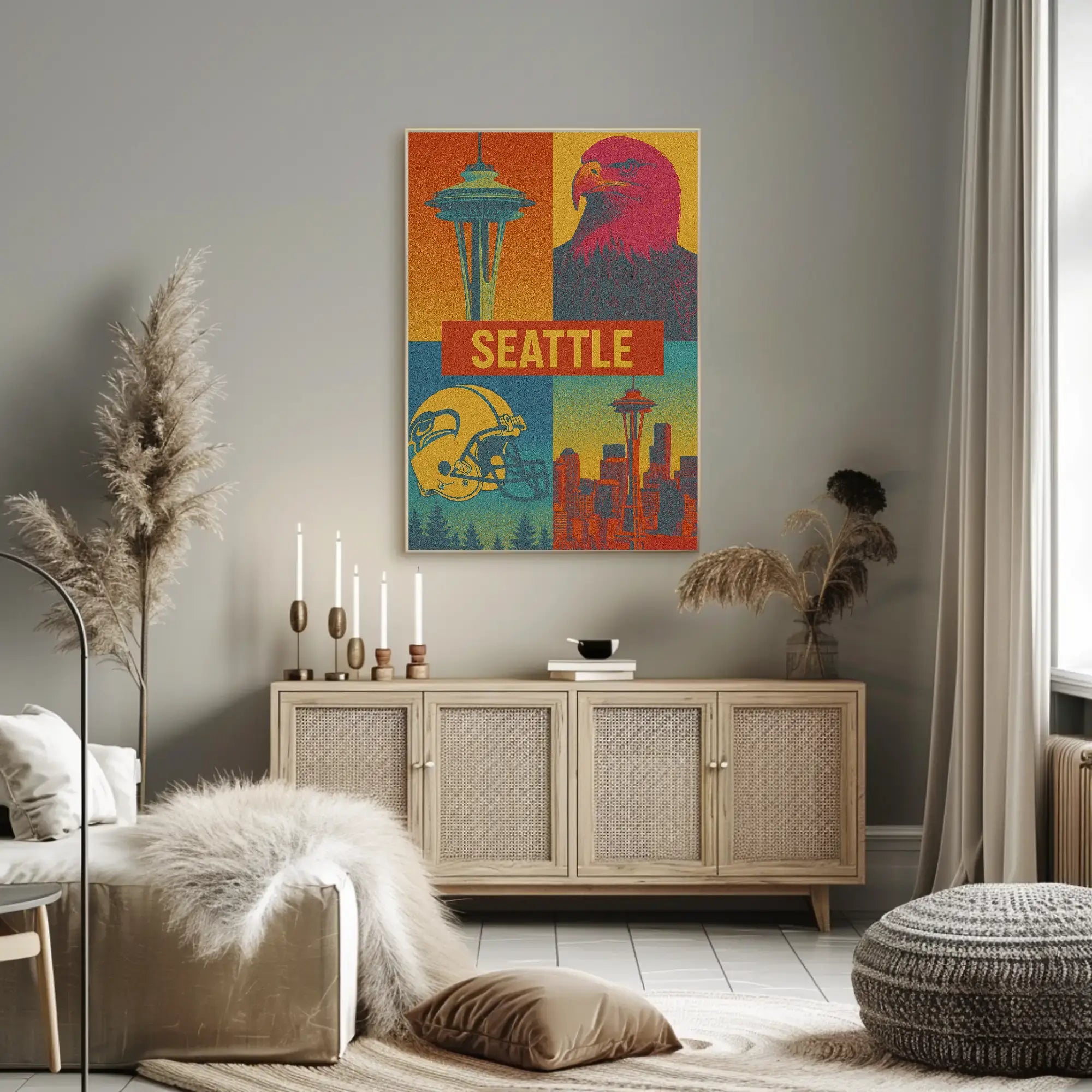 Seattle's Spirit: Iconic Landmarks in Pop Art Poster PosterGoat