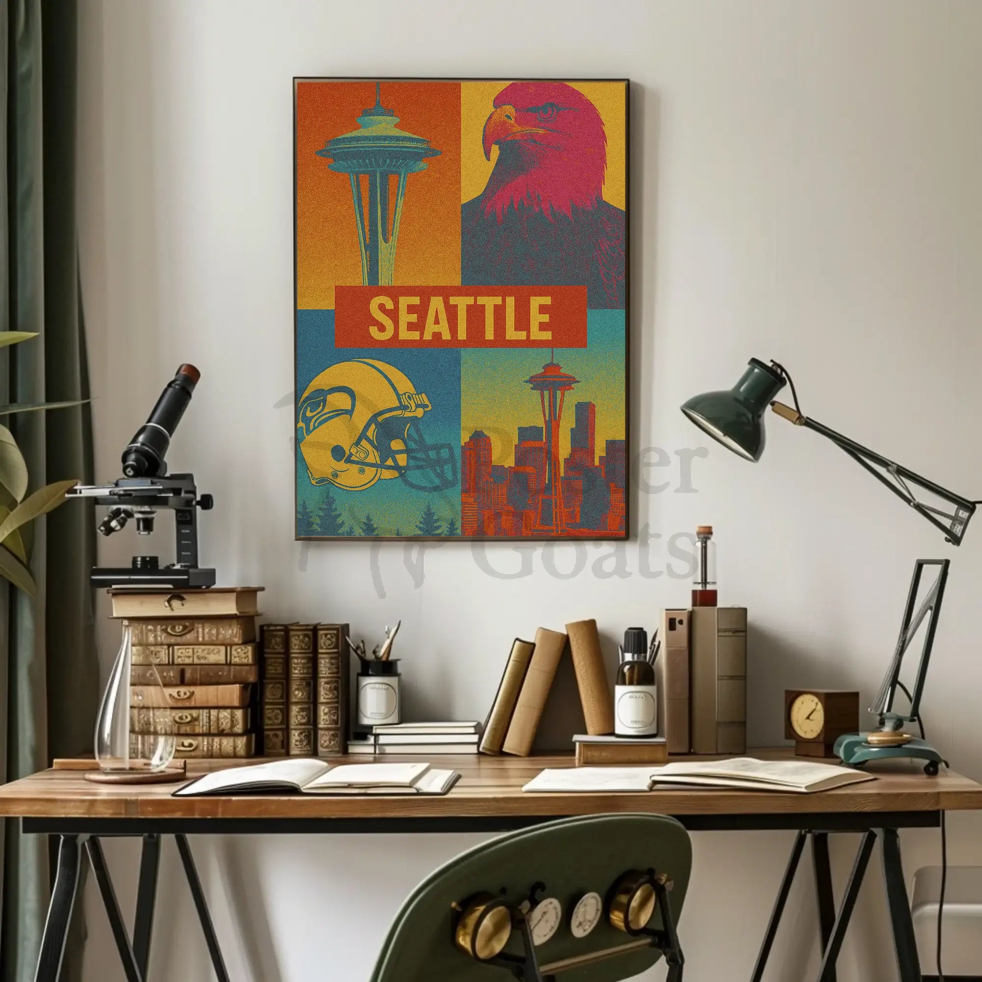 Seattle's Spirit: Iconic Landmarks in Pop Art Poster PosterGoat