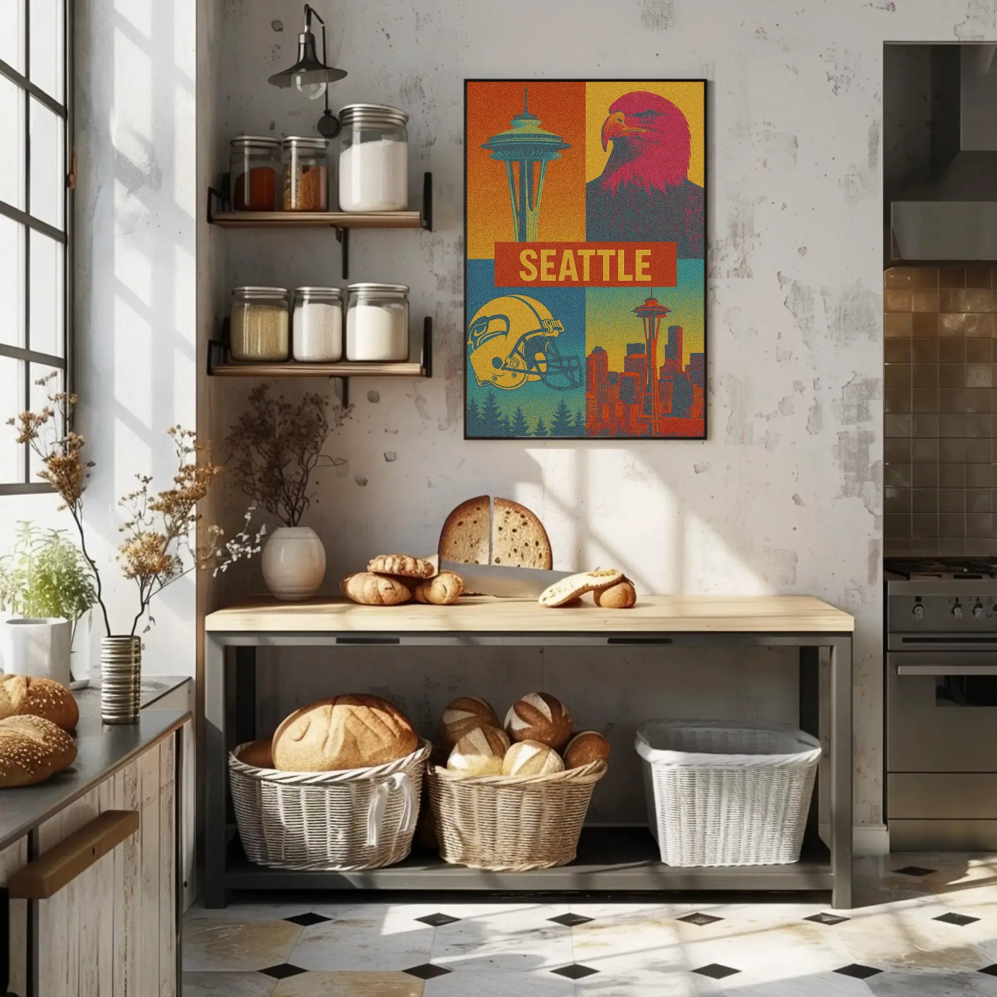 Seattle's Spirit: Iconic Landmarks in Pop Art Poster PosterGoat