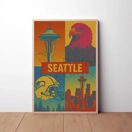 Seattle's Spirit: Iconic Landmarks in Pop Art Poster PosterGoat