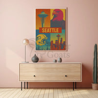 Seattle's Spirit: Iconic Landmarks in Pop Art Poster PosterGoat