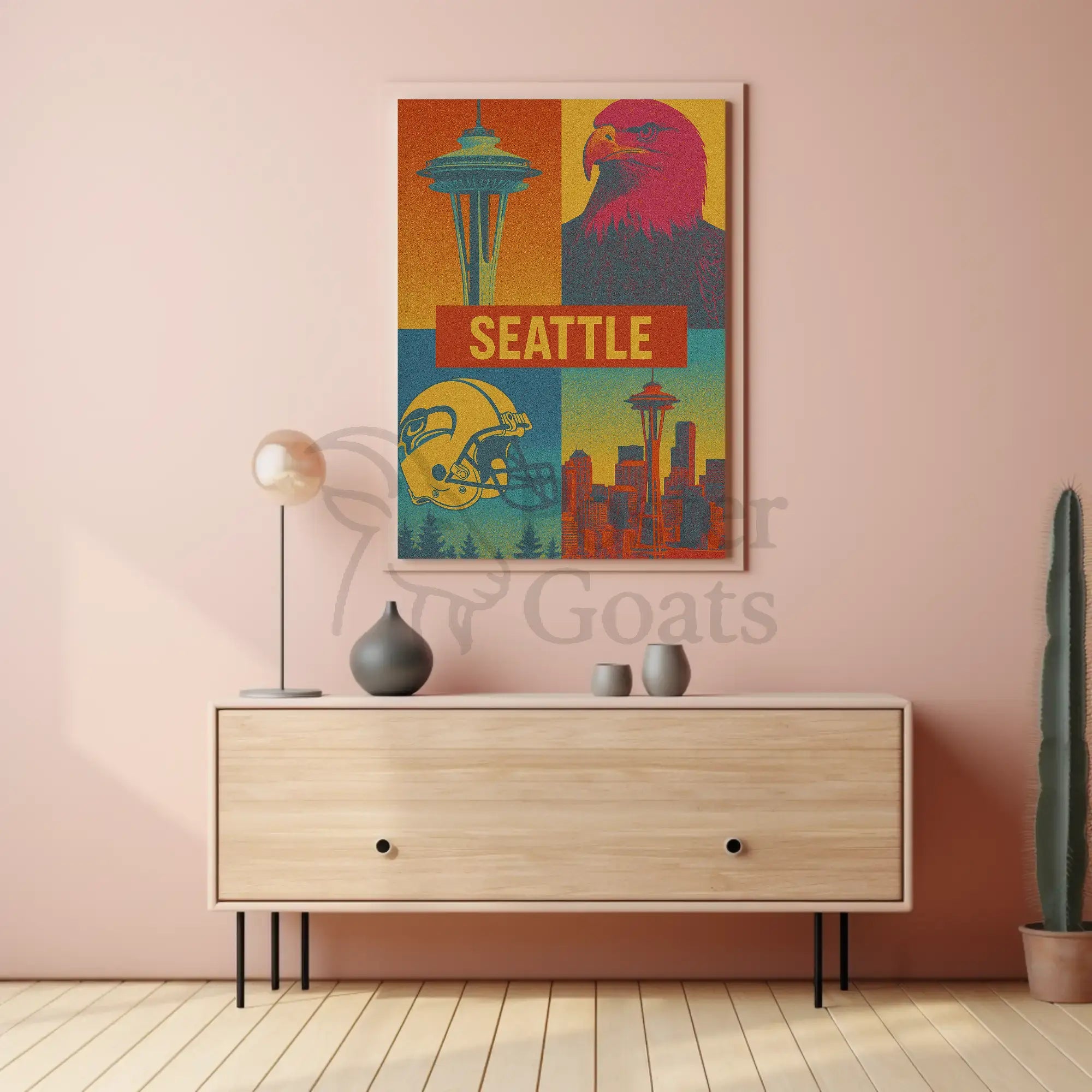 Seattle's Spirit: Iconic Landmarks in Pop Art Poster PosterGoat