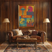 Seattle's Spirit: Iconic Landmarks in Pop Art Poster PosterGoat