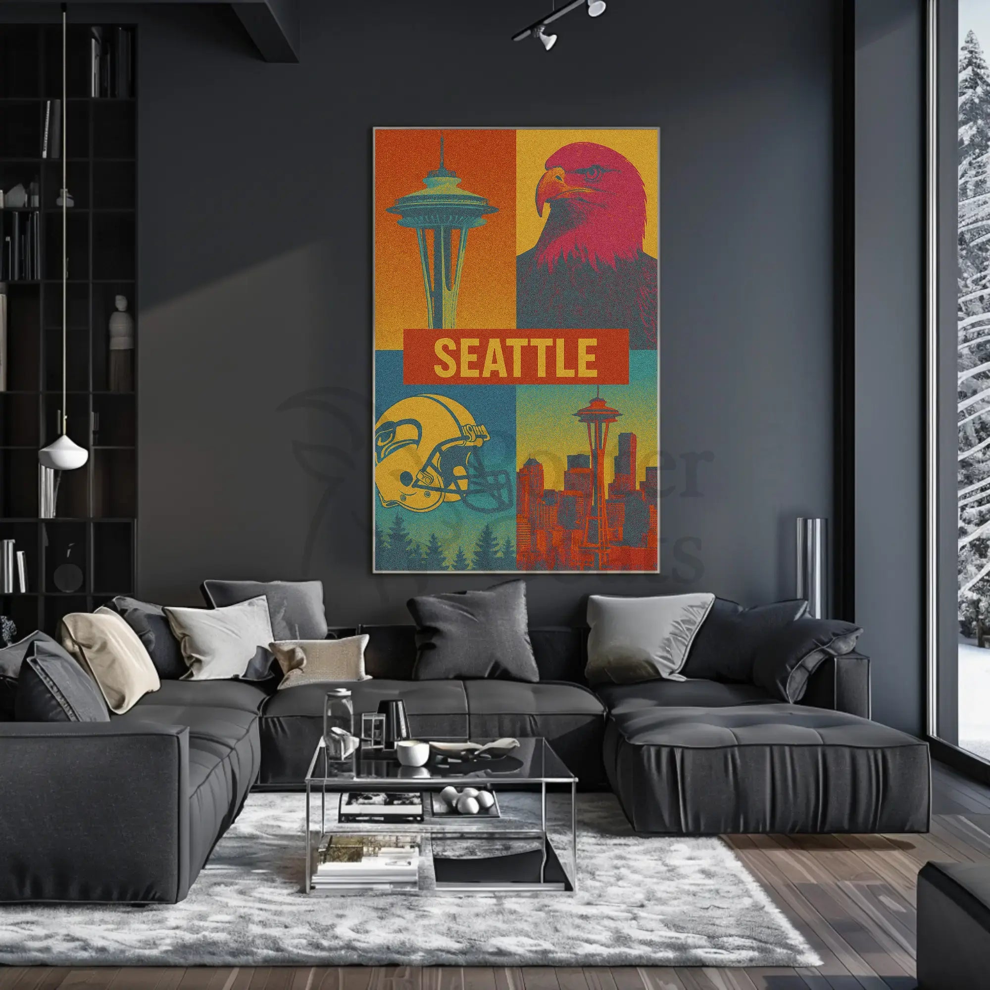 Seattle's Spirit: Iconic Landmarks in Pop Art Poster PosterGoat