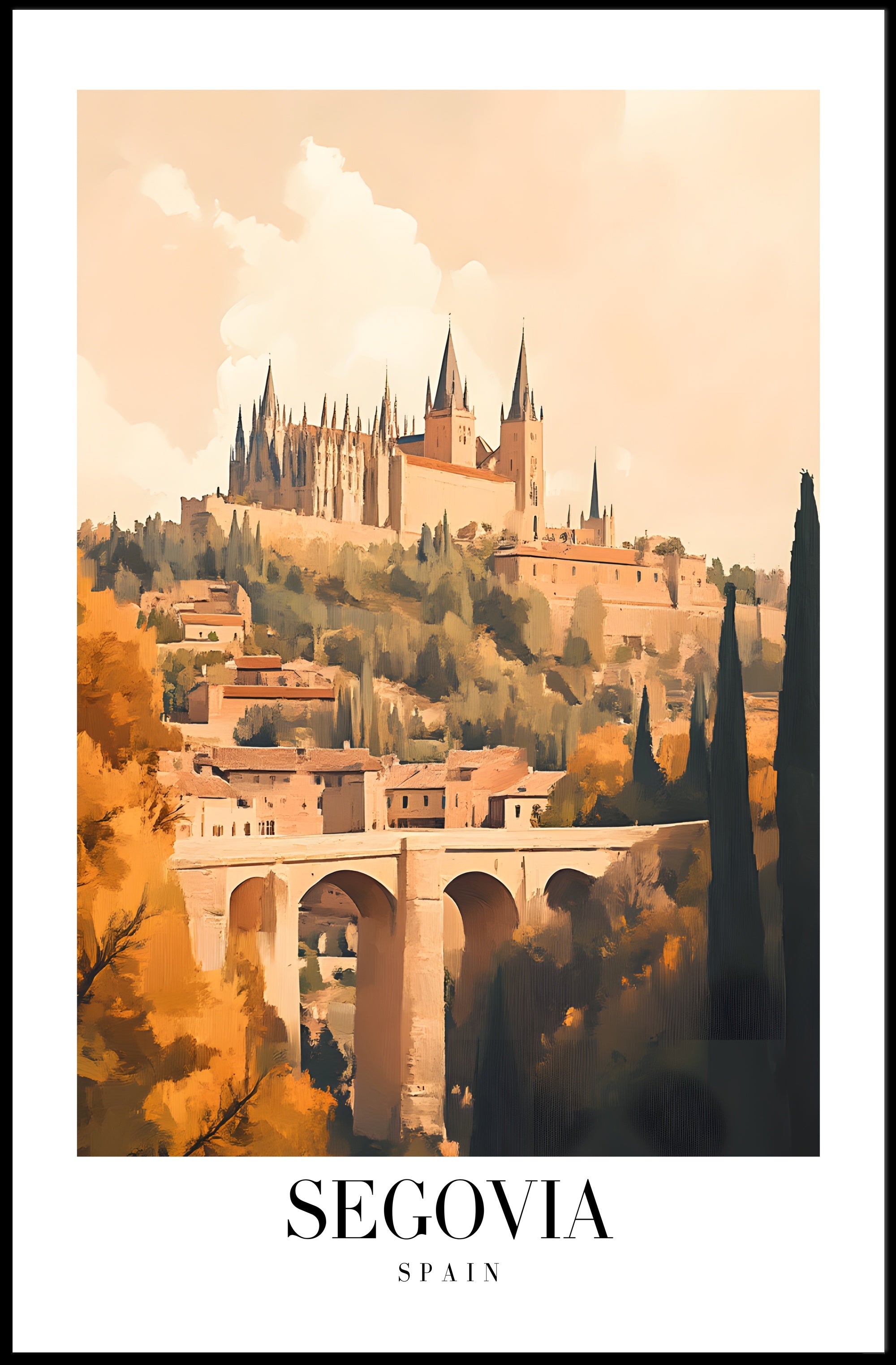 Segovia's Iconic Castle and Aqueduct Travel Poster PosterGoat