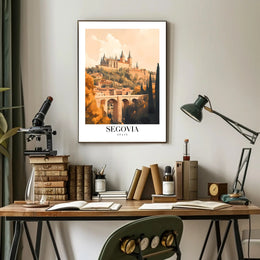 Segovia's Iconic Castle and Aqueduct Travel Poster PosterGoat