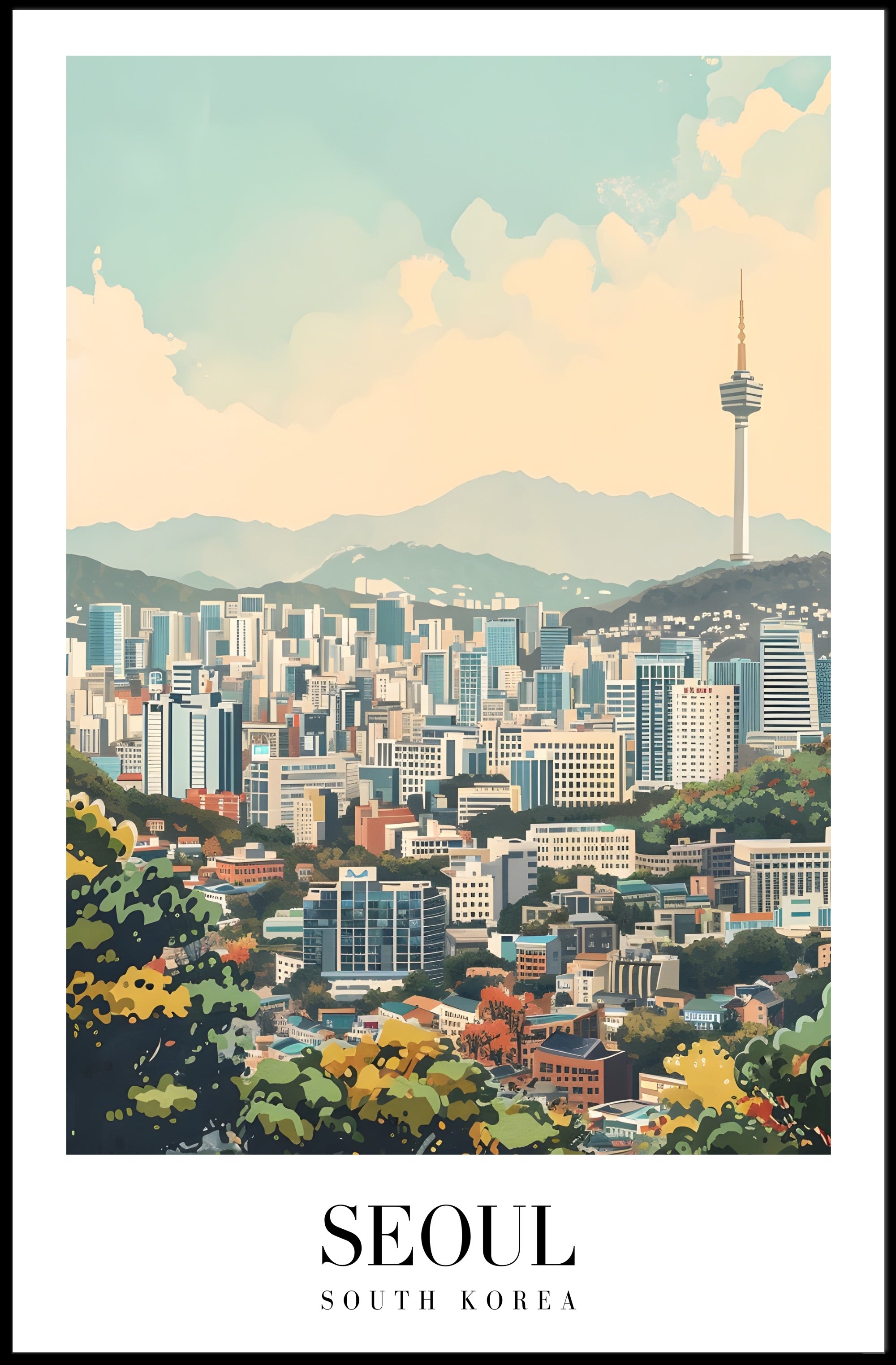 Seoul Cityscape Vibrance: Dynamic Artistic Urban or Cityscape Poster PosterGoat