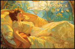 Serene Art Nouveau Woman on Decorative Bed Artistic Poster PosterGoat