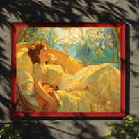 Serene Art Nouveau Woman on Decorative Bed Artistic Poster PosterGoat