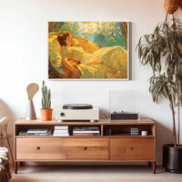 Serene Art Nouveau Woman on Decorative Bed Artistic Poster PosterGoat