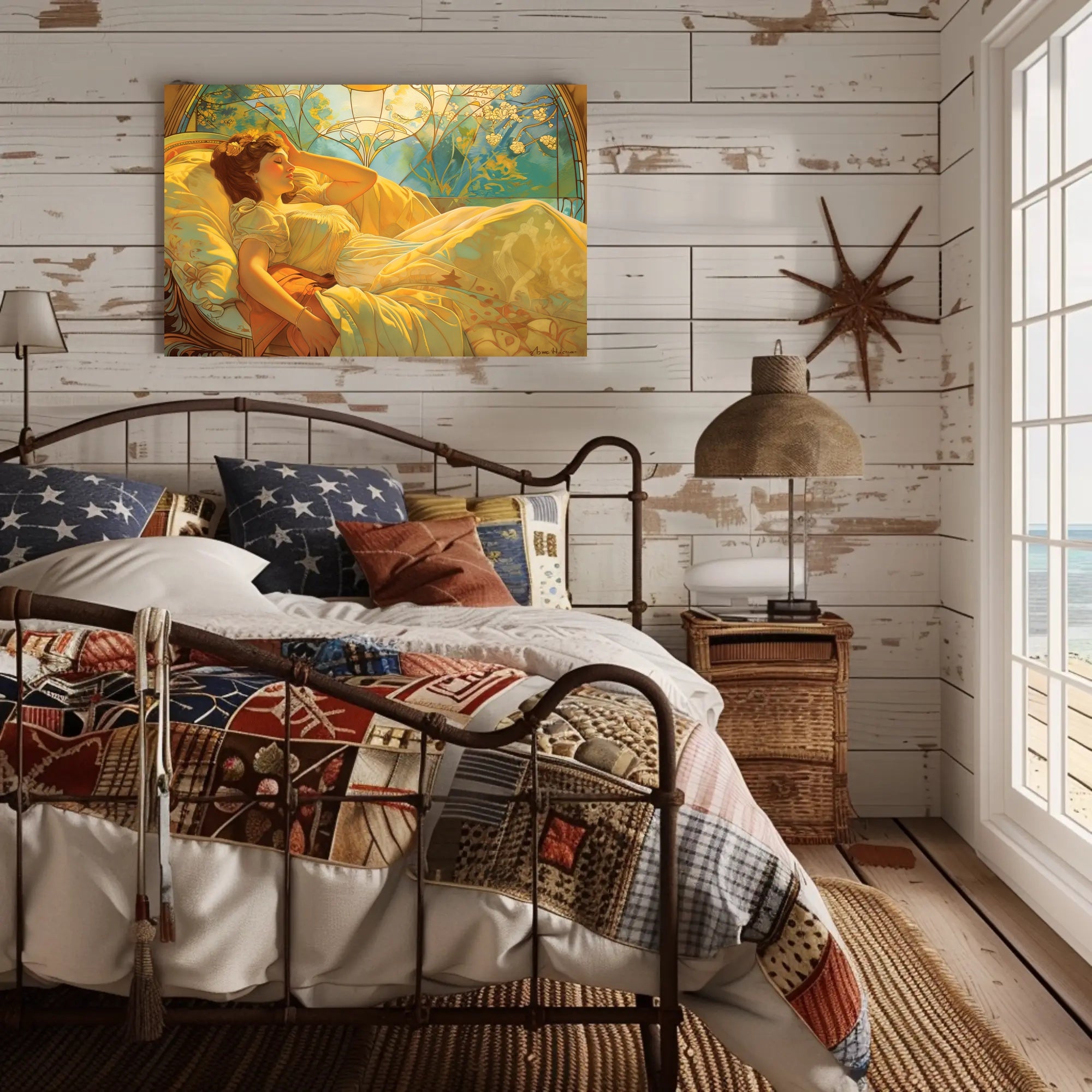 Serene Art Nouveau Woman on Decorative Bed Artistic Poster PosterGoat