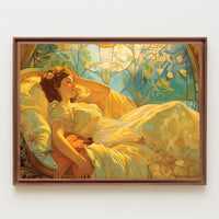 Serene Art Nouveau Woman on Decorative Bed Artistic Poster PosterGoat