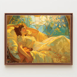 Serene Art Nouveau Woman on Decorative Bed Artistic Poster PosterGoat