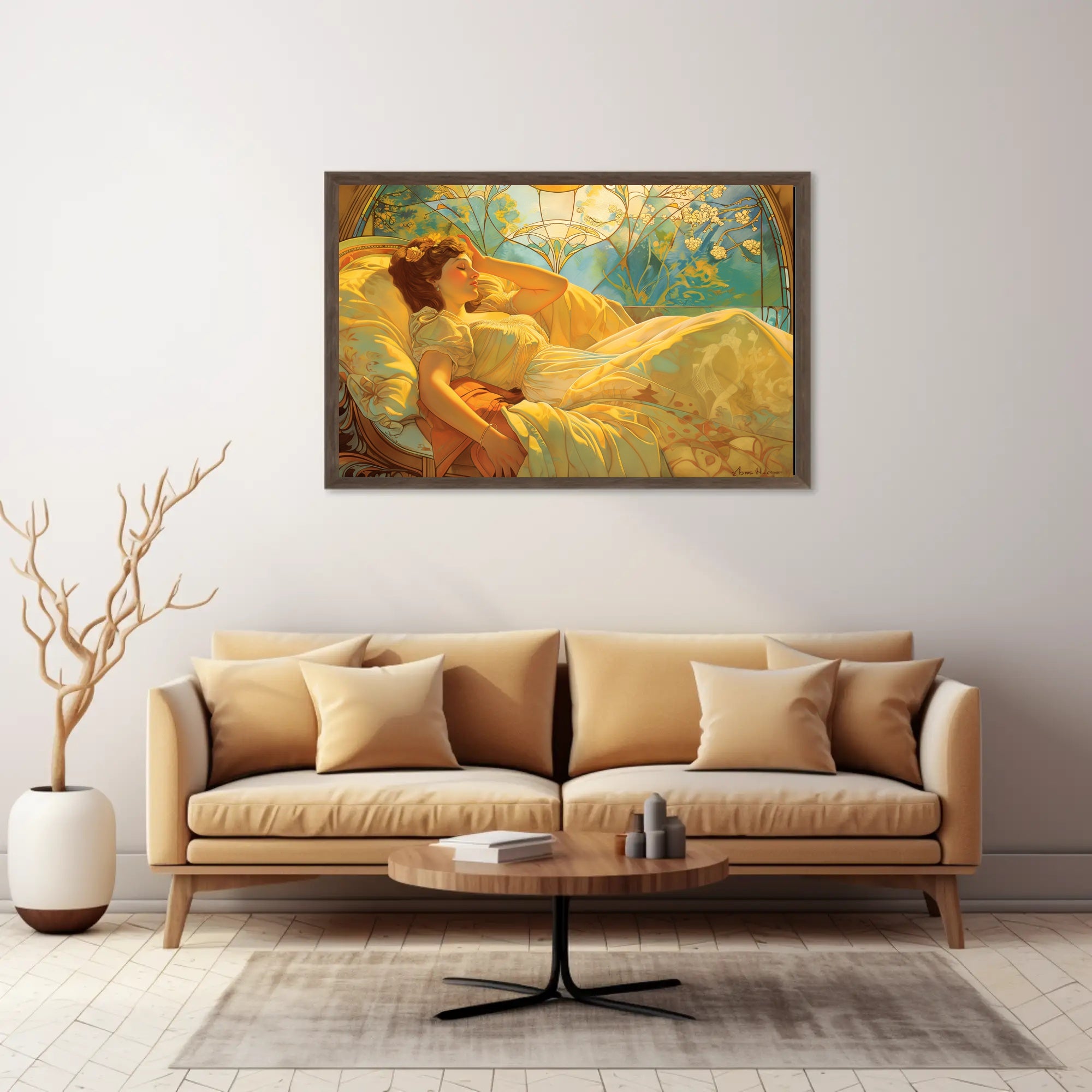 Serene Art Nouveau Woman on Decorative Bed Artistic Poster PosterGoat