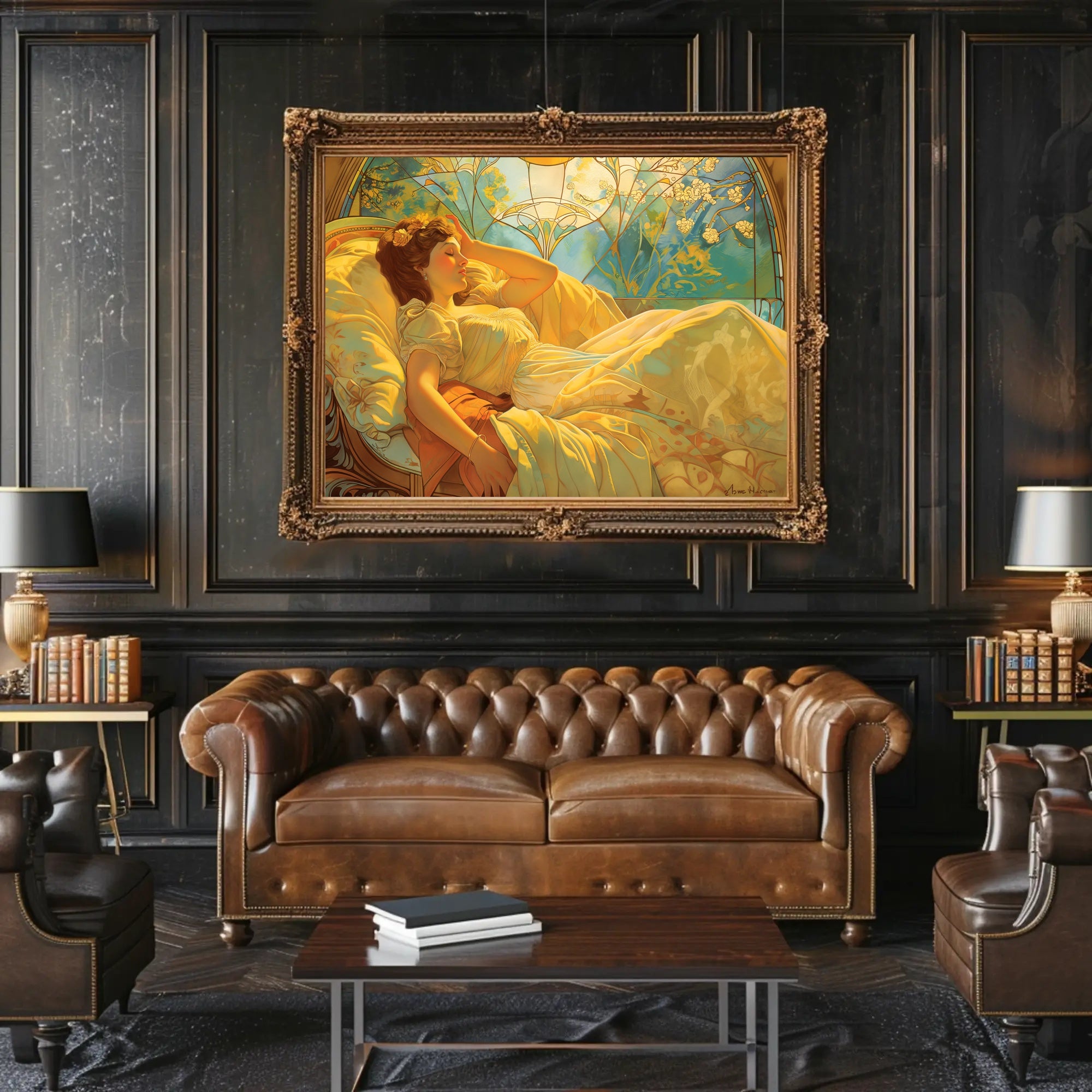 Serene Art Nouveau Woman on Decorative Bed Artistic Poster PosterGoat