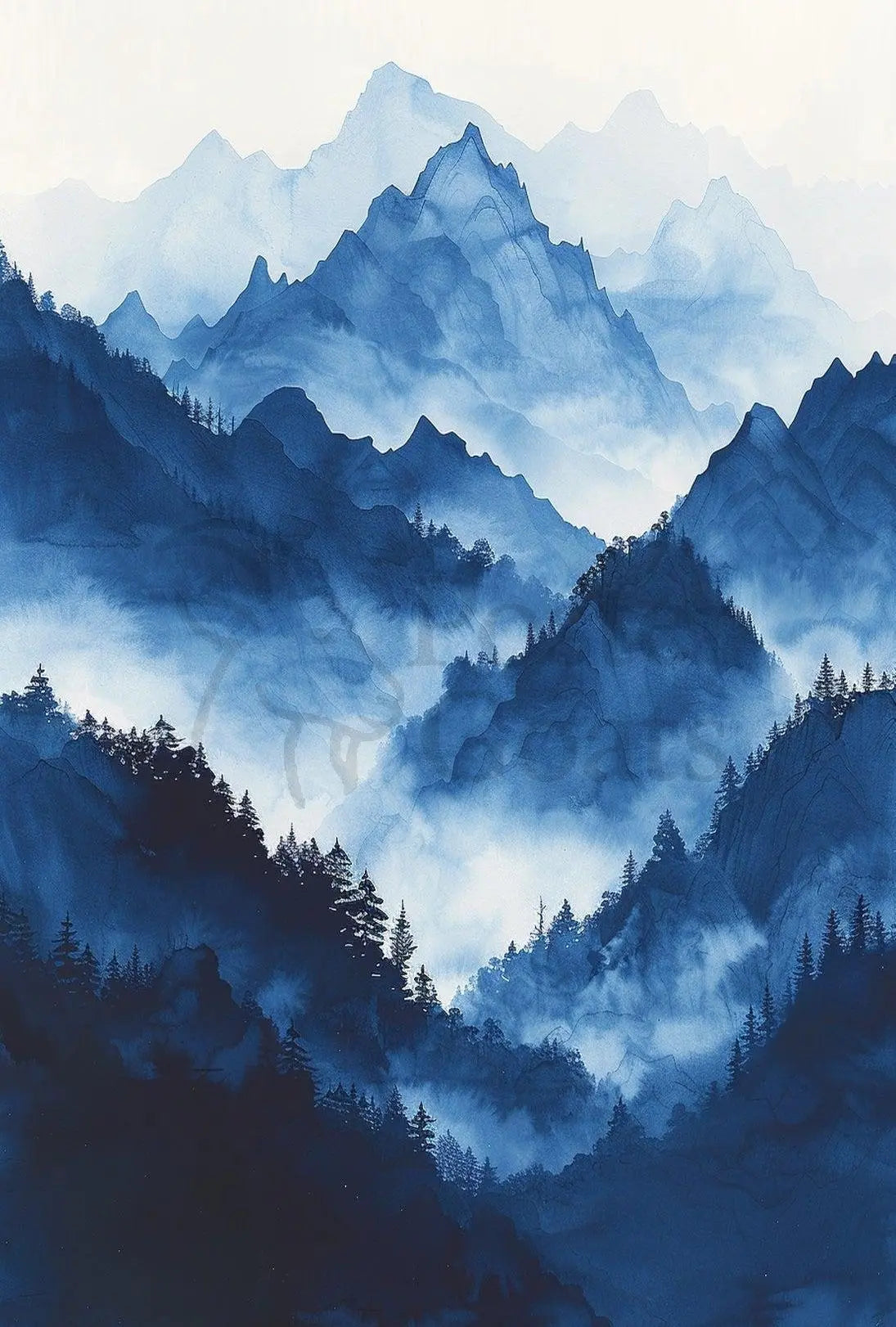 Serene Asian Mountains Ink Wash National Park Poster PosterGoat