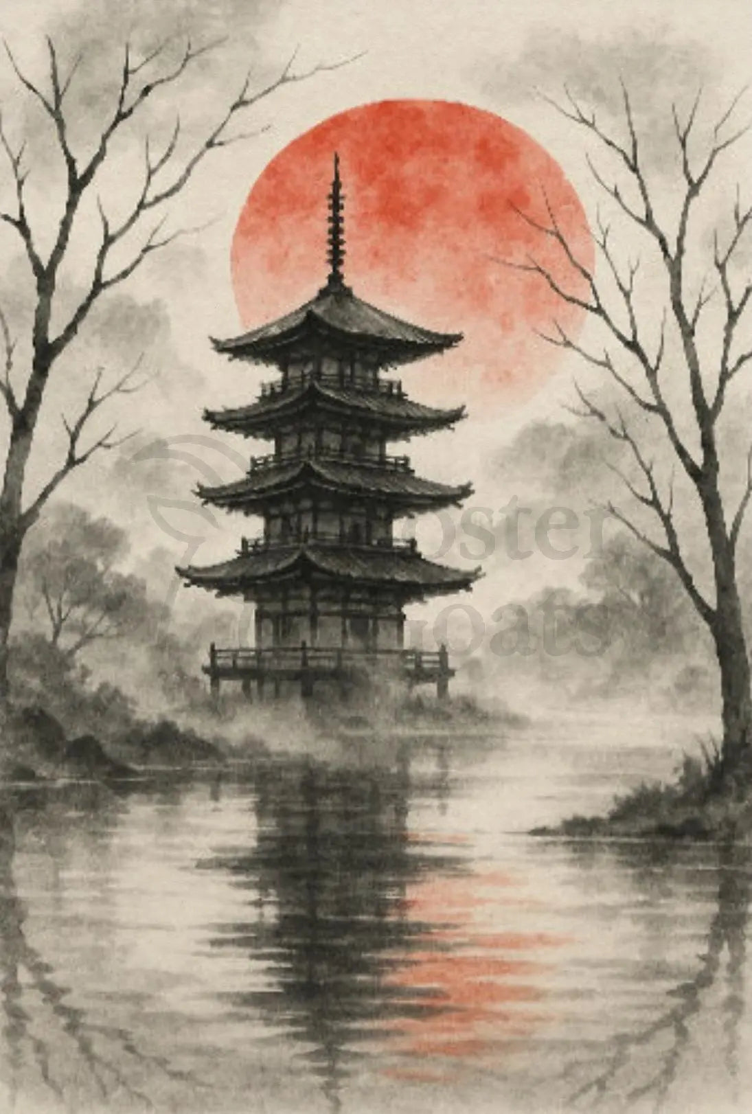 Serene Asian Pagoda Tranquil Artistic Landscape Poster PosterGoat