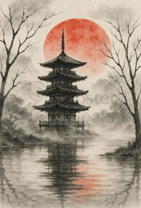 Serene Asian Pagoda Tranquil Artistic Landscape Poster PosterGoat